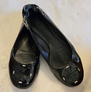 Tory Burch Minnie Ballet Flat Patent Black Leather Shoes Logo Size 8M